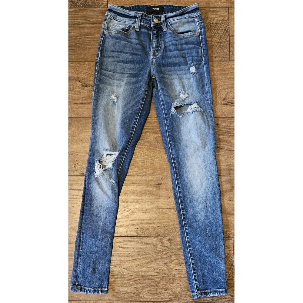 VERVET Womens Medium Wash Jeans 25 Distressed/Destroyed Hem Stretch Denim 23x27‎